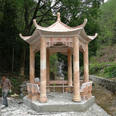晚霞紅石雕戶(hù)外園林景觀中式休息涼亭雕塑