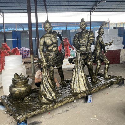 捕魚，玻璃鋼仿銅民俗生活人物情景雕塑