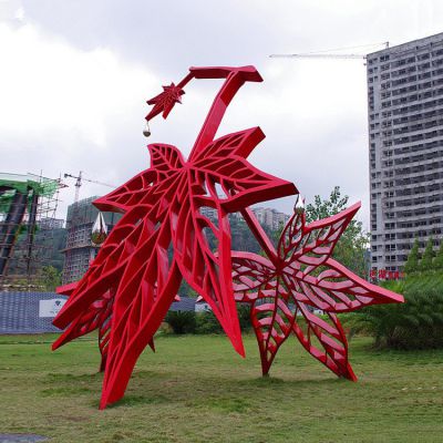 不銹鋼樹葉景觀擺件，紅色楓葉不銹鋼雕塑